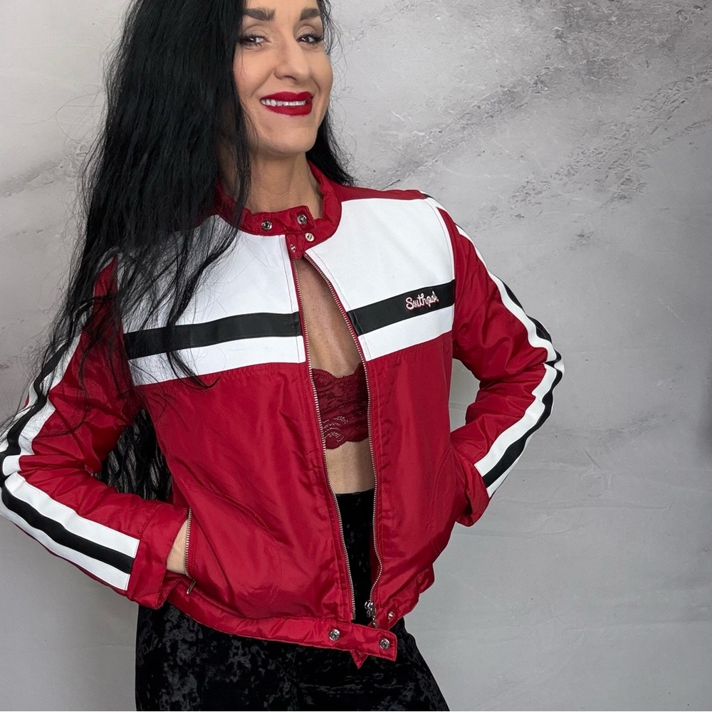 Red and White Bomber Jacket with Stand-Up Collar - Picture 2 of 7